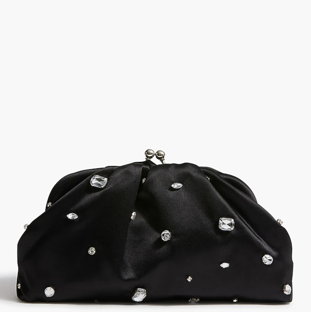 NWT J Crew Factory Elegant Black Satin Rhinestone Clutch